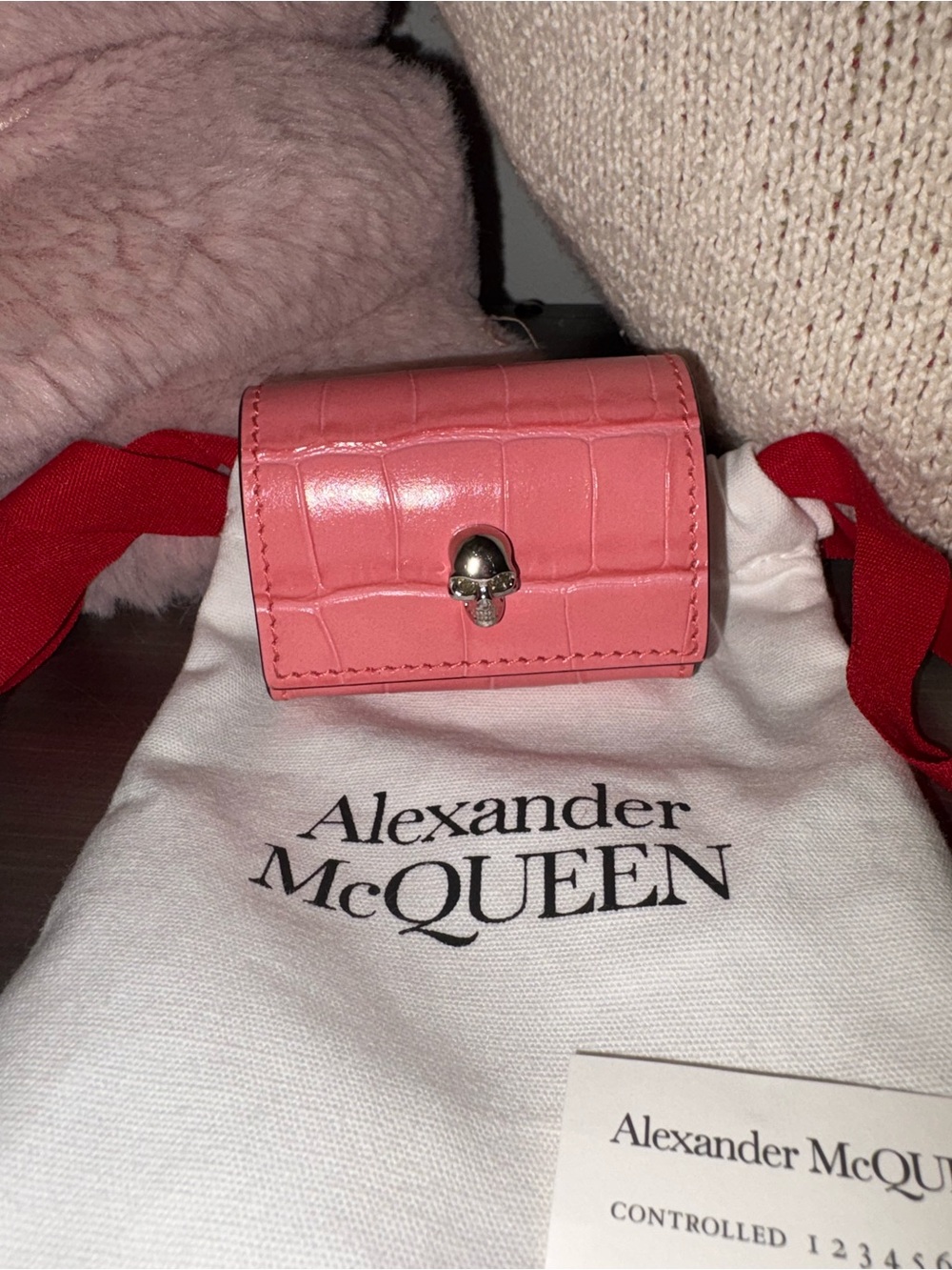 Alexander McQueen Coral Pink Croc-Embossed Mini Bag with Skull Stud